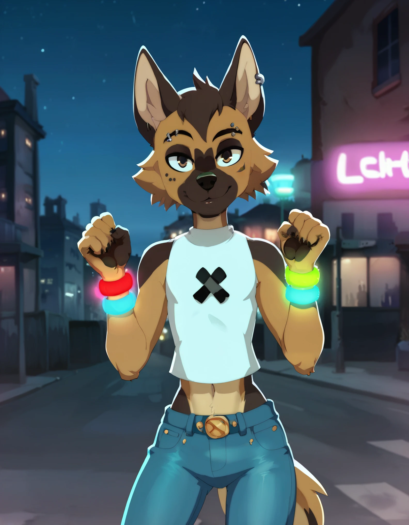 score_9, score_8_up, score_7_up, rating_safe,
1boy(anthro furry, german shepherd, male, young man, femboy, slender, one small eyebrow piercing, multiple small simple earrings, multiple narrow glowstick wristbands, short sleeveless shirt, skinny jeans with very low waistline, part of the tummy visible between the shirt and jeans, seductive pose, looking at the viewer, solo, smiling, cowboy shot), standing in a narrow alleyway behind an inner city nightclub,
,
new york, at night, dark cloudy sky, midnight, darkness, shadows, building backdoor, dimly lit, depth of field, detailed background,