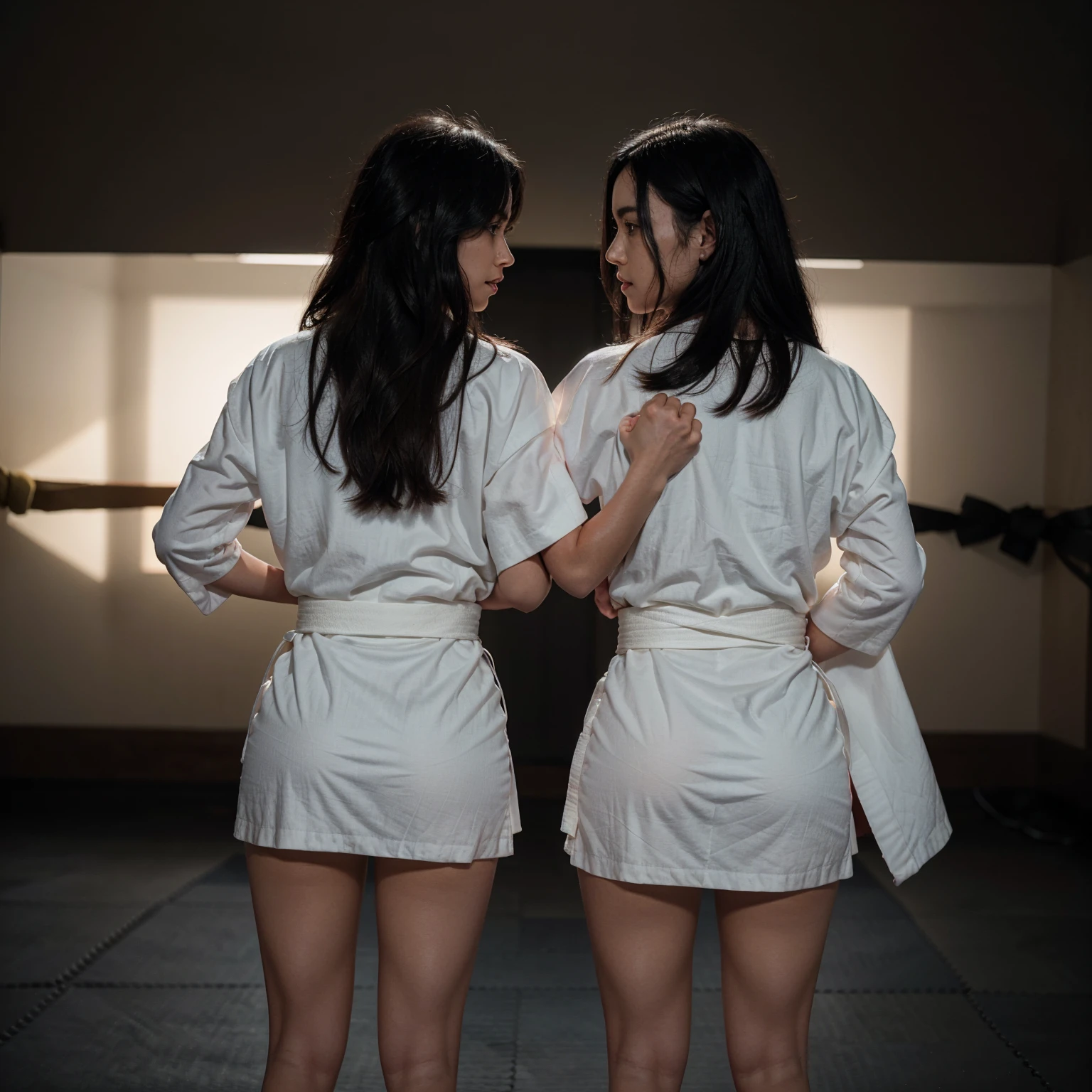 Imagine two (((beautiful women))) with (((long and messy black hair))), (((white kimonos))) and (((white skin))), facing each other in a (((full body shot))), doing (((karate))) against each other, with one of them (((standing up))) and the other (((down on her back))), her feet in the air, poised for action, their faces drawn with focus, ready to fight. The backdrop is a (((simple, dark room))) with a (((matte red glow))) that complements the action scene perfectly