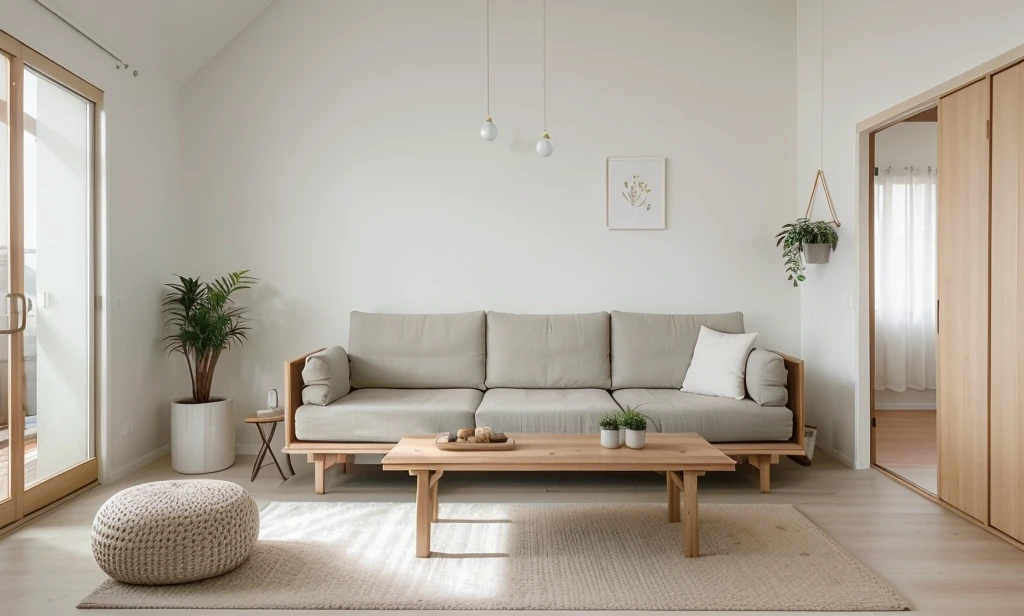 Minimalist Muji-style living room, neutral color palette, natural materials, soft lighting, low-profile white couch, wooden chair, natural wood coffee table, indoor plants, minimalist wall art, woven rug, natural light, tranquility, functionality, harmonious blend, large doors look to balcony, The room is free of clutter, emphasizing functionality and simplicity, characteristic of the Muji style.
The ceiling is flat with recessed downlights arranged in a sparse, straight line pattern, providing subtle and even illumination throughout the room.
((8k)), high quality detail, soft lighting, minimalist design, neutral color palette, natural materials, clean lines, serene and inviting, modern Japanese aesthetic, flat ceiling, recessed downlights.