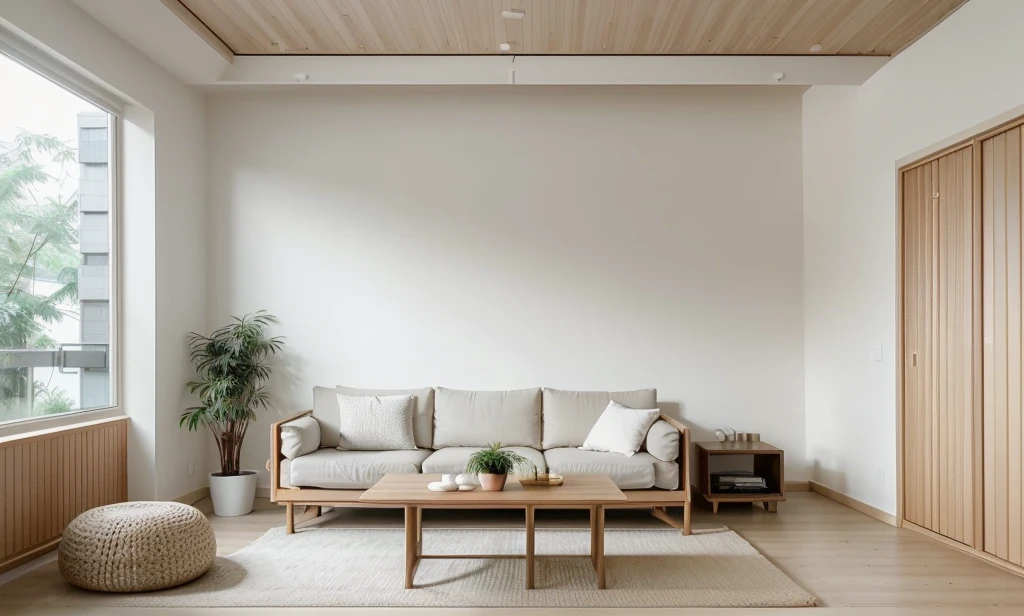 Minimalist Muji-style living room, neutral color palette, natural materials, soft lighting, low-profile white couch, wooden chair, natural wood coffee table, indoor plants, minimalist wall art, woven rug, natural light, tranquility, functionality, harmonious blend, large doors look to balcony, The room is free of clutter, emphasizing functionality and simplicity, characteristic of the Muji style.
The ceiling is flat with recessed downlights arranged in a sparse, straight line pattern, providing subtle and even illumination throughout the room.
((8k)), high quality detail, soft lighting, minimalist design, neutral color palette, natural materials, clean lines, serene and inviting, modern Japanese aesthetic, flat ceiling, recessed downlights.