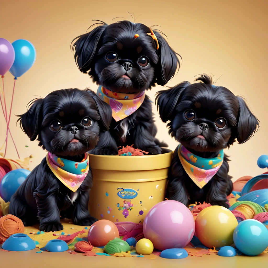 2 adorable small black shih tzu puppies, wearing bright bandanas and sunglasses, painting and making a mess, disney background, 3d cartoon, 3d render, disney pixar style, intricate details, soft lighting, vibrant colors, whimsical, photorealistic, 8k, best quality