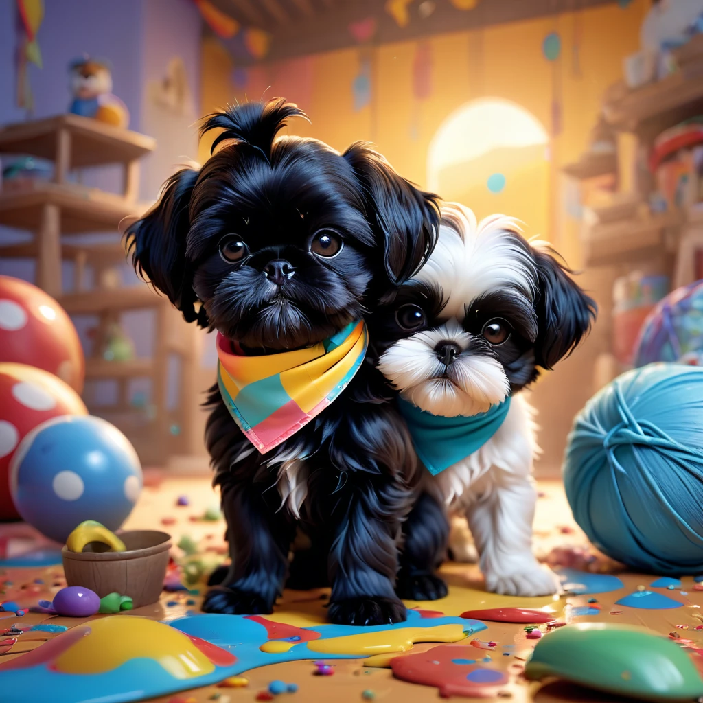 2 adorable small black shih tzu puppies, wearing bright bandanas and sunglasses, painting and making a mess, disney background, 3d cartoon, 3d render, disney pixar style, intricate details, soft lighting, vibrant colors, whimsical, photorealistic, 8k, best quality