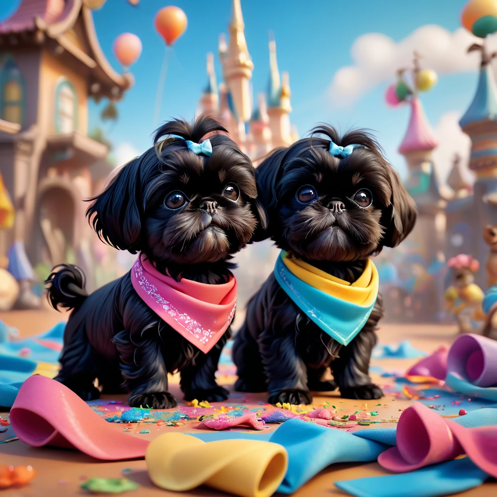2 adorable small black shih tzu puppies, wearing bright bandanas and sunglasses, painting and making a mess, disney background, 3d cartoon, 3d render, disney pixar style, intricate details, soft lighting, vibrant colors, whimsical, photorealistic, 8k, best quality
