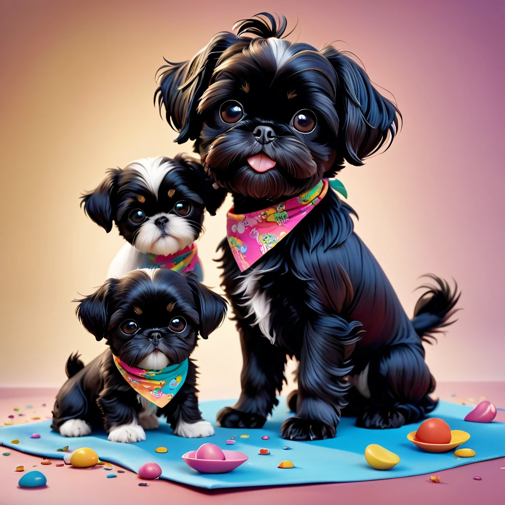 2 adorable small black shih tzu puppies, wearing bright bandanas and sunglasses, painting and making a mess, disney background, 3d cartoon, 3d render, disney pixar style, intricate details, soft lighting, vibrant colors, whimsical, photorealistic, 8k, best quality