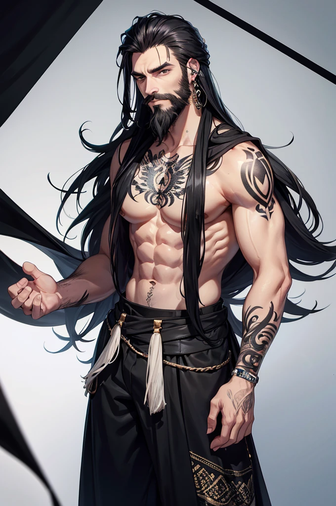 White man with long black hair and black beard. Earrings and tattoos