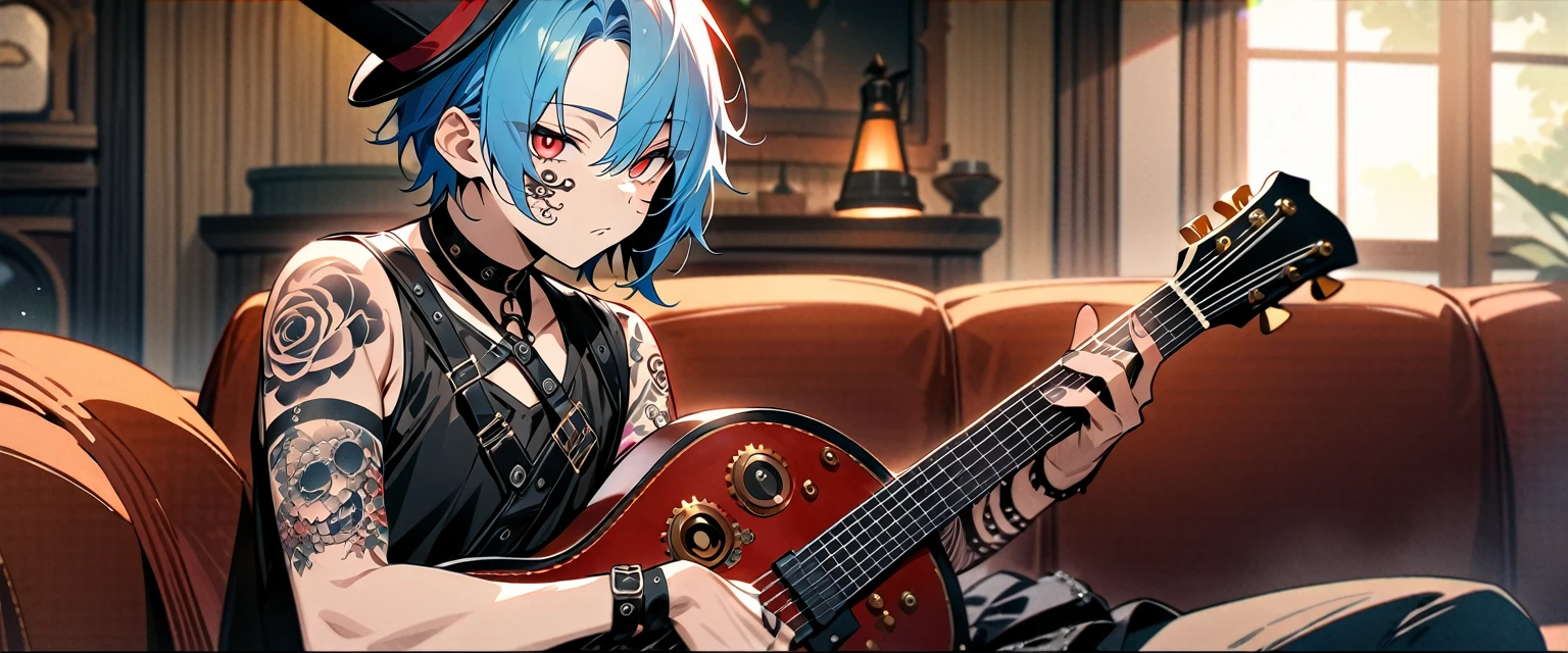 (((masterpiece,Highest quality))),((A male anime character with short blue hair, red eyes, and a tattooed upper arm wearing a visual kei outfit, holding a guitar)),((Steampunk-style electric guitar)),((Steampunk-style electric guitarを弾きながら座っている)),(((Small steampunk top hat,Tattoos on the right side of the face and on the arm))),(((Western-style living room))),Focus on the whole body,(high quality),アニメ