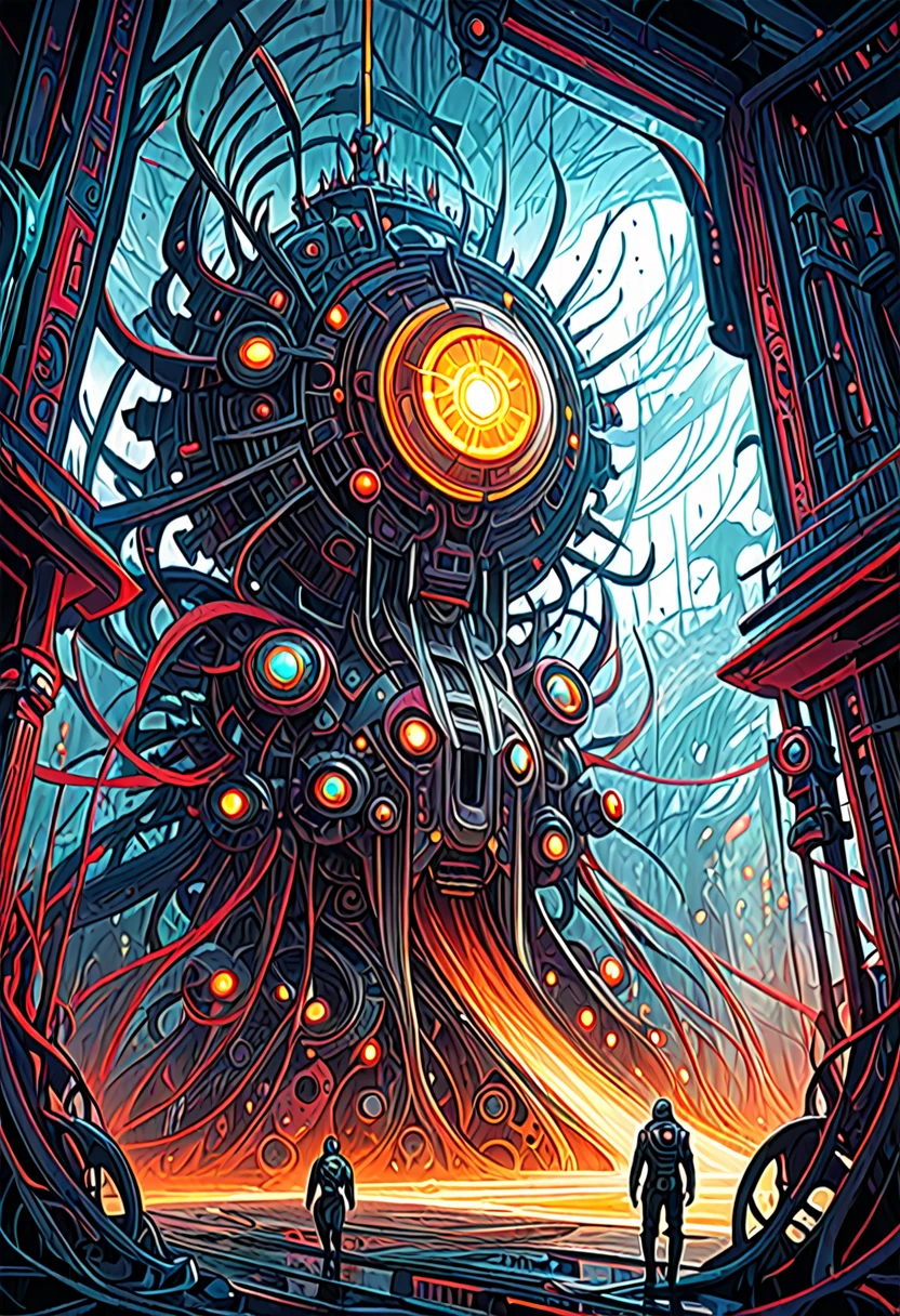 Place of Horror in the Quantum Realm. Mechanical biomorphism, horror art. Intricate detail, maximalist perfect illustration, digital painting art