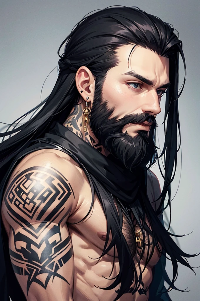 Profile portrait Caucasian man with long black hair and black beard. Earrings and tattoos