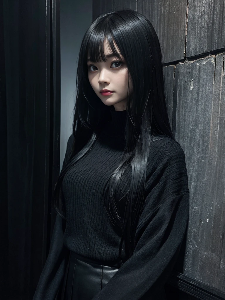 high angle american shoot, ultra-realistic textures, porn-horror style, a sinister but attractive humanoid puppet, Slim and creepy Sadako Yamamura style from The ring, scary pale grayish face, very long and straight black hair, wearing a shabby outfit with a black miniskirt, black leggings and a thin black sweater very tight ghostly appearance, skin of the face with cracks, in a dark house in the dark foggy night