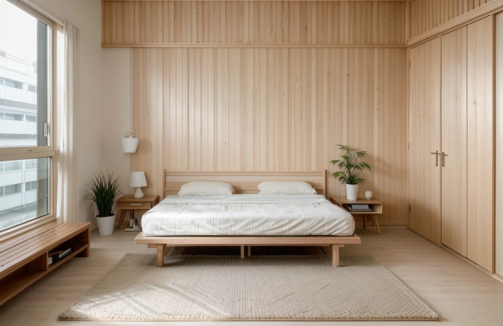 Minimalist Muji-style bed room, neutral color palette, natural materials, soft lighting, low-profile white couch, wooden chair, natural wood coffee table, indoor plants, minimalist wall art, woven rug, natural light, tranquility, functionality, harmonious blend, large doors look to balcony on the right, The room is free of clutter, emphasizing functionality and simplicity, characteristic of the Muji style.
The ceiling is flat with recessed downlights arranged in a sparse, straight line pattern, providing subtle and even illumination throughout the room.
((8k)), high quality detail, soft lighting, minimalist design, neutral color palette, natural materials, clean lines, serene and inviting, modern Japanese aesthetic, flat ceiling, recessed downlights.