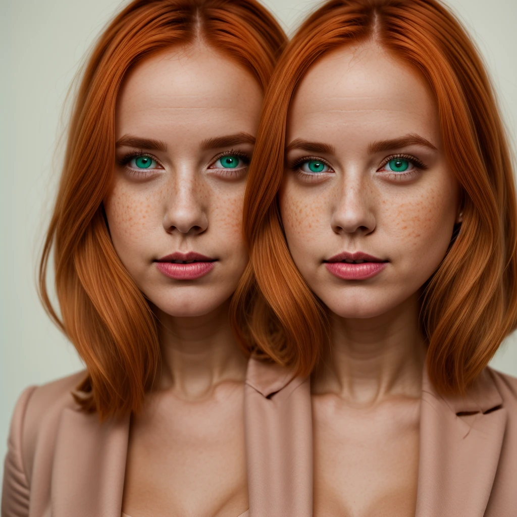 beautiful Irish redhead, orange ginge hair, face covered in lots of (freckles:.9), (thin eyes:1.2), full lips, large (forehead:1.4), 30 years old, blush pink lipstick, no bangs, short hair., rectangle face, no eyebrows, face closeup, green eyes. businesswoman, professional suit, large breasts, clevage.