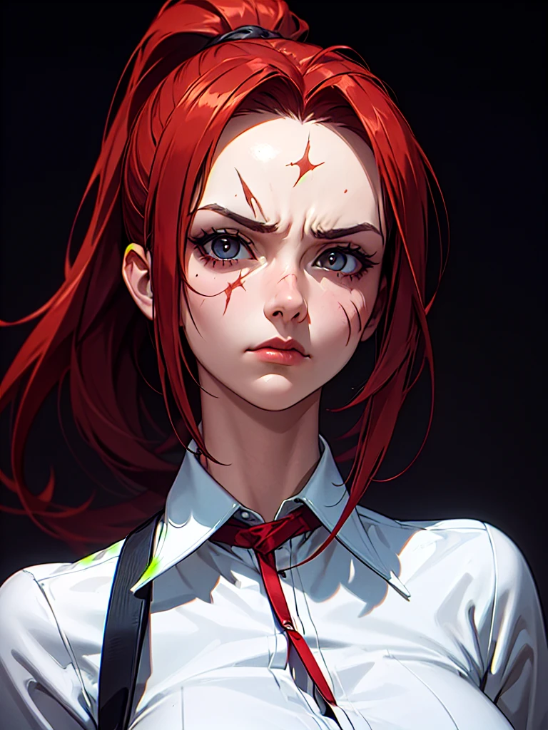 ((Portrait)), She has a Robust and Muscular Appearance, with Adult Charm, Fair Skin and Scars On Her Face. She Expresses a Sharp and Penetrating Gaze, Frowning, Giving Off a Temperamental Attitude. She has Dark Gray Eyes, and Her Hair is Long and Tousled, Deep Red, Tied in a High Ponytail, with Bare Forehead. She Wears a Tight-fitted White Office Shirt with a Tactical Straps. ((Portrait, HDR, Dark Background))