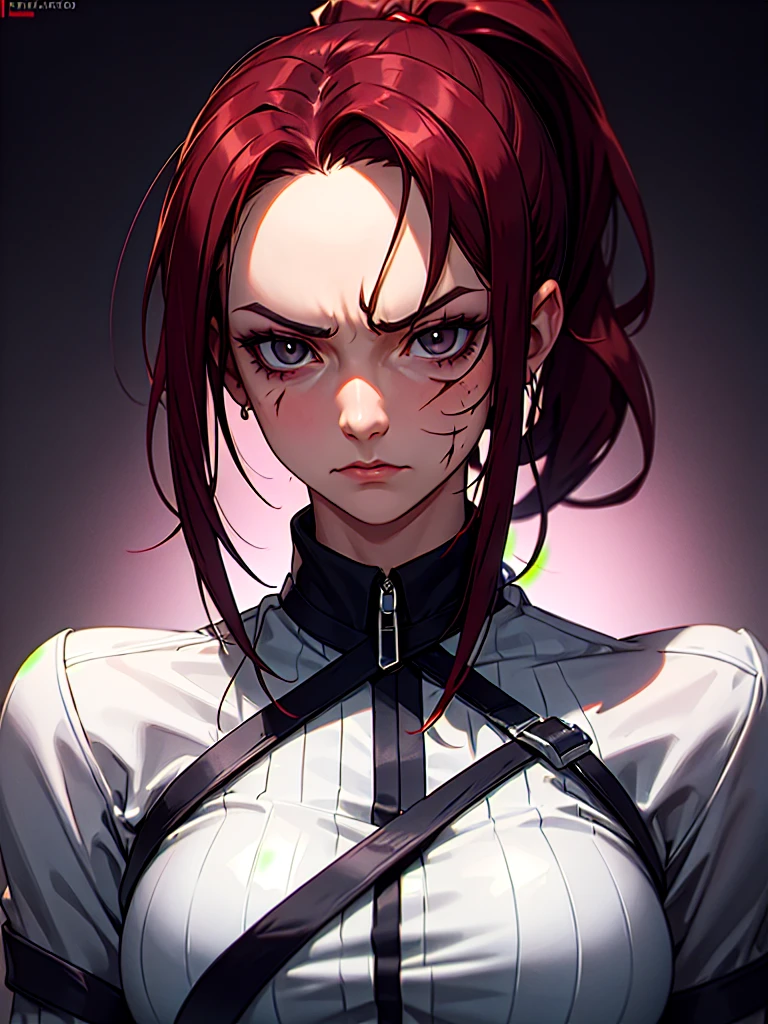((Portrait)), She has a Robust and Muscular Appearance, with Adult Charm, Fair Skin and Scars On Her Face. She Expresses a Sharp and Penetrating Gaze, Frowning, Giving Off a Temperamental Attitude. She has Dark Gray Eyes, and Her Hair is Long and Tousled, Deep Red, Tied in a High Ponytail, with Bare Forehead. She Wears a Tight-fitted White Office Shirt with a Tactical Straps. ((Portrait, HDR, Dark Background))