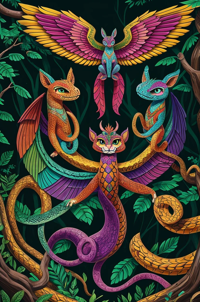 3-headed alebrije, with big wings and snake tail, in an enchanted forest surrounded by art