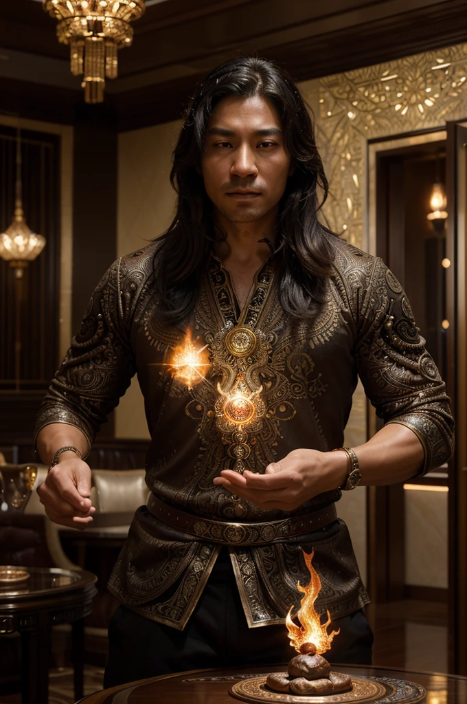 photorealistic 30 year old muscular Asian male wizard emitting a powerful ball of fire magic, surrounded by an aura of mystical energy, in an upscale luxury cafe. (Powerful magic:1.4), (intricate details:1.3), (Aura mistik:1.2), (Luxurious setting:1.3), artwork by famous fantasy artists such as Greg Rutkowski and Fenghua Zhong