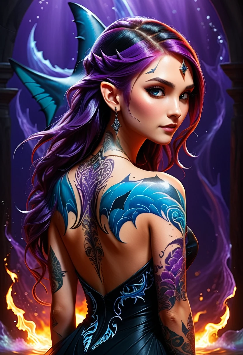  a picture of a an elf with  a ((tattoo of a shark: 1.5)) on her back, Dark fantasy art, fantasy art, goth art,, a glowing tattoo of a ((shark: 1.3)) on the back of the elf, the ((shark tattoo)) is vivid, intricate detailed coming to life from the ink to real life, GlowingRunesAI_purple, ((fire surrounds the shark: 1.5)), shoot taken from the back, ((the back is visible: 1.3), she wears a transparent black dress, the dress is elegant, flowing, elven style, that the tattoos glow, dynamic hair color, dynamic hair style, faize,, Digital Painting