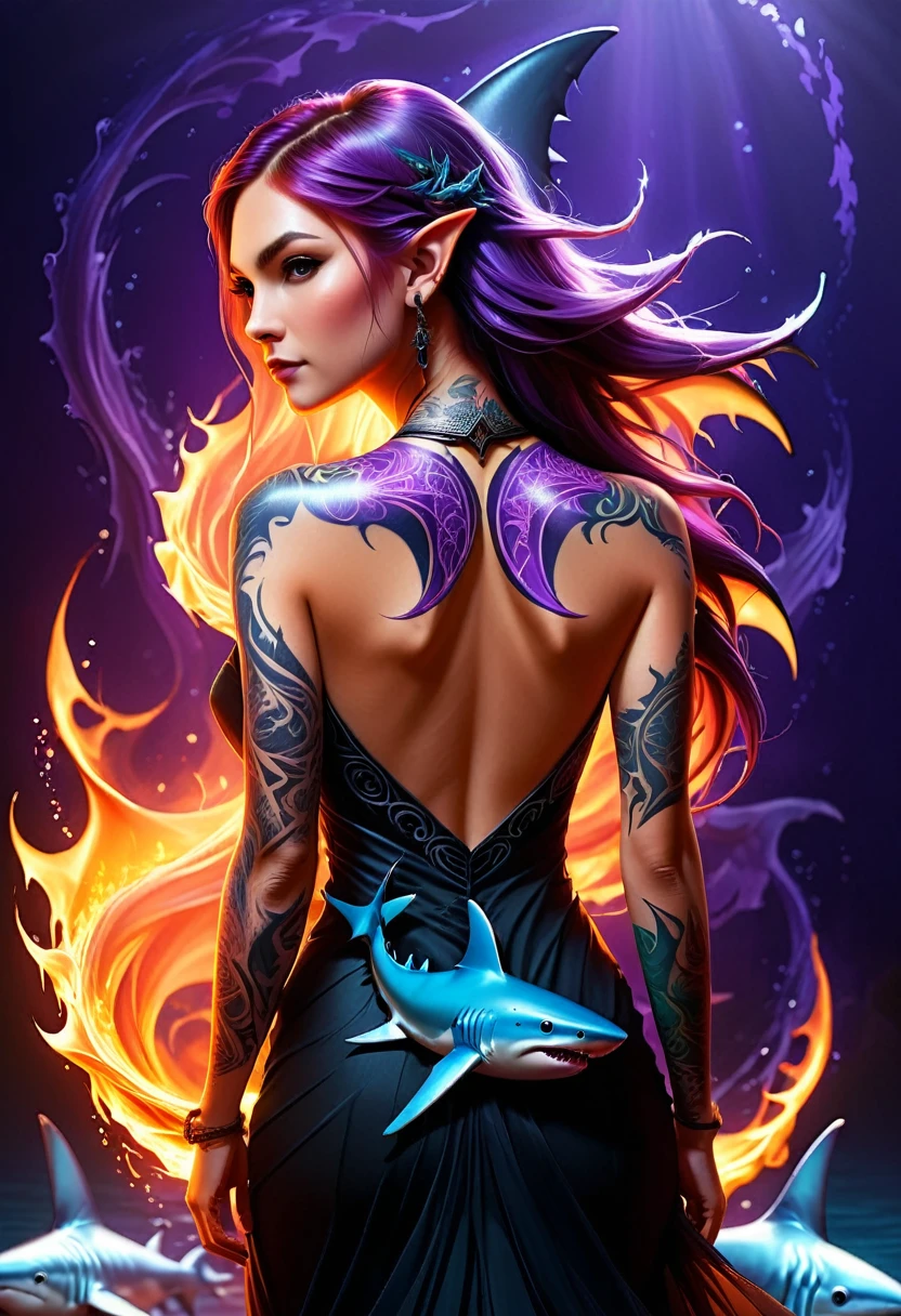  a picture of a an elf with  a ((tattoo of a shark: 1.5)) on her back, Dark fantasy art, fantasy art, goth art,, a glowing tattoo of a ((shark: 1.3)) on the back of the elf, the ((shark tattoo)) is vivid, intricate detailed coming to life from the ink to real life, GlowingRunesAI_purple, ((fire surrounds the shark: 1.5)), shoot taken from the back, ((the back is visible: 1.3), she wears a transparent black dress, the dress is elegant, flowing, elven style, that the tattoos glow, dynamic hair color, dynamic hair style, faize,, Digital Painting