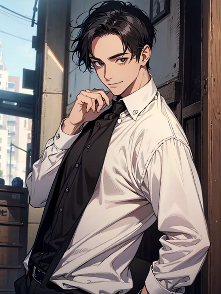 Forehead, Very short hair, A kind smile, One Man, Portrait from chest up, Very short black hair, Old man in clothes, Please open your eyes a little, Male hand,Man&#39;s face,Male eyebrows, Male Eyes, Sharp Nose ,Long Nose, Slicked back hairstyle, Black butler uniform, Iris, walking , A kind smile, Reminiscent of a novel cover, Dramatic lighting, Emphasize the contrast between light and shadow, (Official Art, Highest quality、unity 8k wallpaper、32k、masterpiece、Very detailed, grab your hair with your hands, Cinema Lighting, Isekai Tensei, anime,Beautiful light shining through the window, sense of cleanliness,