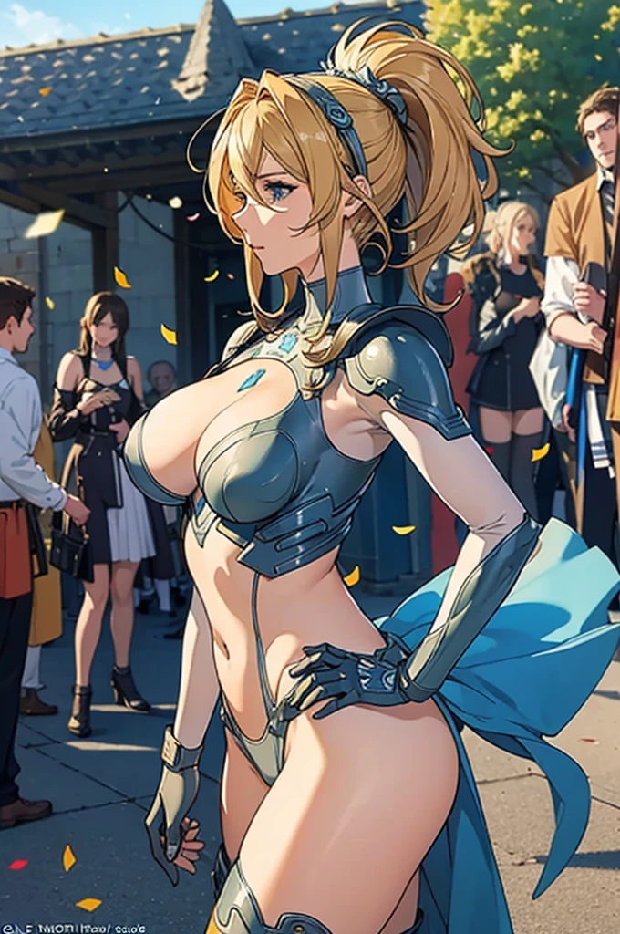 best quality, official art, masterpiece, textile shading, HDR, very detailed, colorful, best details, fantasy, battle suit,1 female, 25 years old, A castle town with an old castle view, sunny,choppy hair, big breast, skinny,Surrounded by a large crowd:1.9、Confetti flutters、Blessed、Being welcomed:1.5、cameltoe:1.3, looking back,