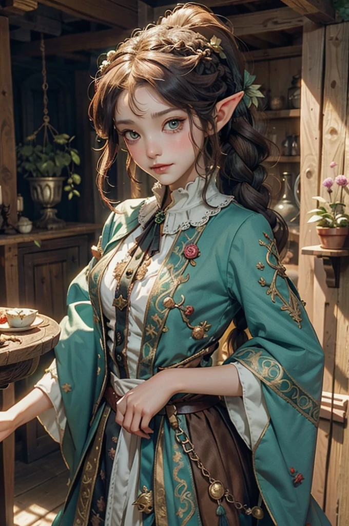 cute, elf, tanned, braid ponytail, thistle from dungeon meshi, sorceror, jester clothes
