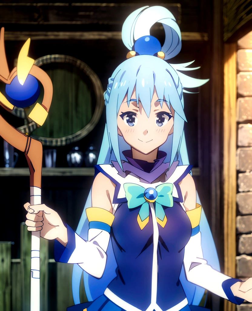 tavern; Aqua, smile, feather dress, ethereal scarf, holding staff;