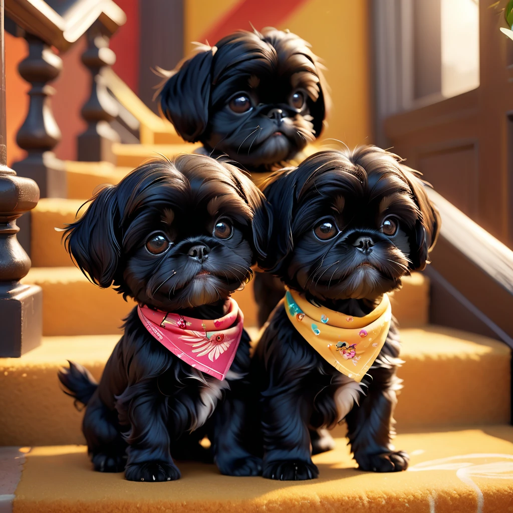 2 adorable small black shih tzu puppies, cute puppies, dogs playing, wearing bright bandannas, wearing sunglasses, playing on stairs, disney background, 3d cartoon, 3d render, disney pixar style, detailed fur, cute facial expressions, playful poses, bright colorful lighting, whimsical composition, highly detailed, hyper realistic, 8k, photorealistic, (best quality,4k,8k,highres,masterpiece:1.2),ultra-detailed,(realistic,photorealistic,photo-realistic:1.37),intricate details,soft shadows,vibrant colors,warm lighting