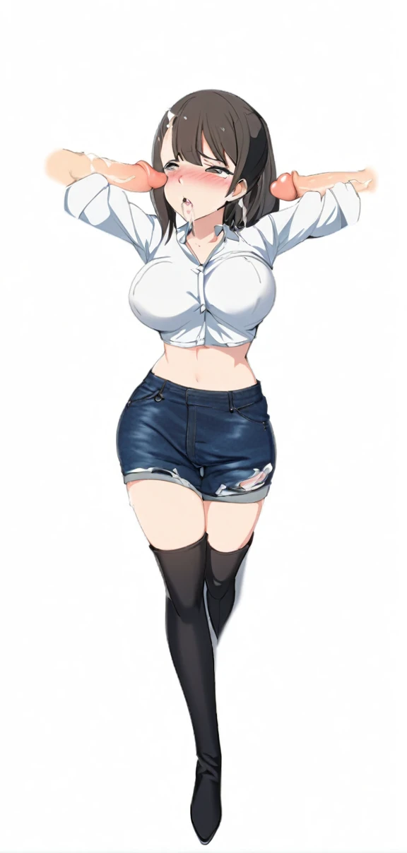 Multiple penises,Slender and sexy woman,Cum in mouth,deep throat ,Black thigh-high boots,Jean Shorts,in the train,Molester,Multiple men,A man grabs a woman's arm,Put your hands behind your back,penis,rape,Sex,Creampie,ponytail,semen,profile,