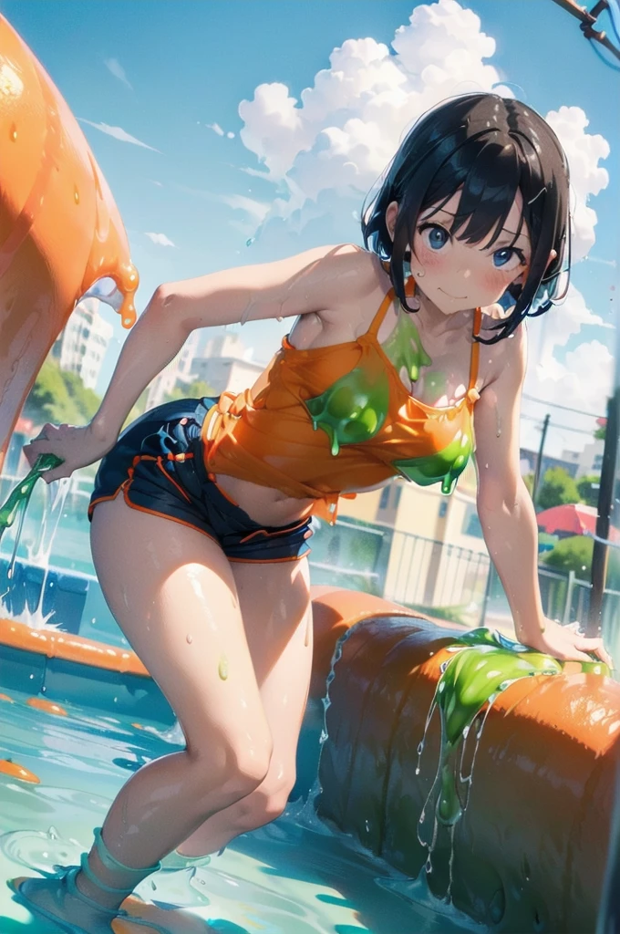 (Soaked in slimy liquid slime:1.4),(Orange swimsuit((Orange camisole)),Navy blue piping),(Navy blue shorts),Black Hair,(Water playground in the park:1.2),(Leaning forward pose:1.4),
