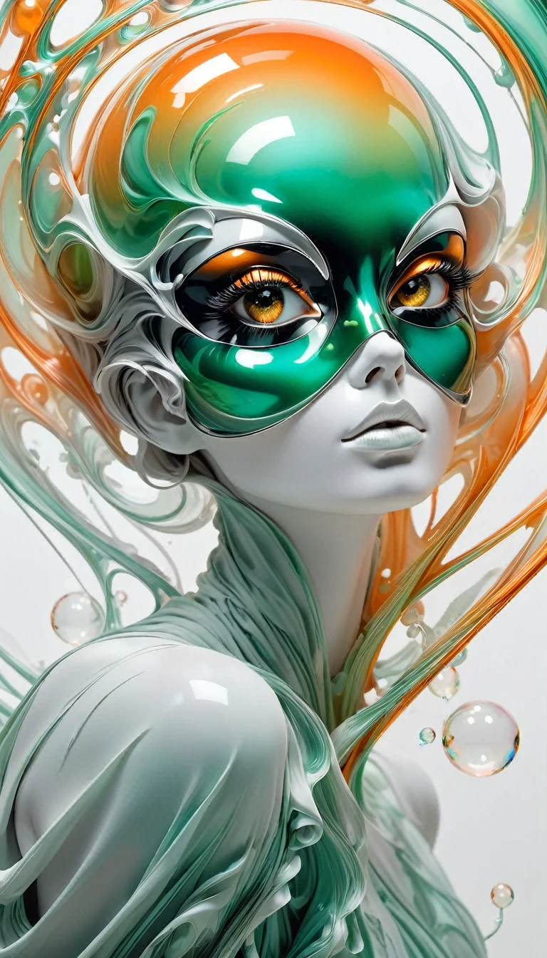 Masked, woman, Polished, Soap bubble, Line art PStyl3, Negative Space, Abstract, Complex, Iridescent, super high quality, Ultra-detailed, orange/green/black/white,