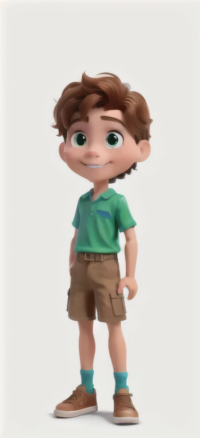 Make a Disney style doll of a light brunette boy with straight caramel hair, Green shorts, blue blouse and brown sneakers, 

On your face you have a beautiful, charming smile