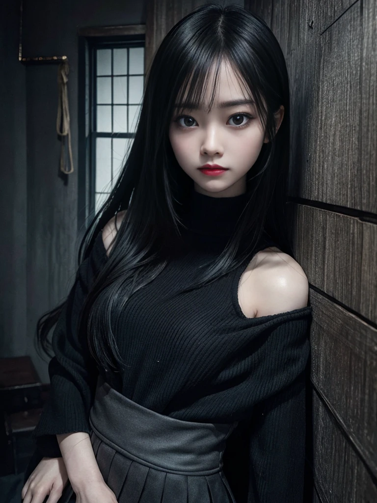 high angle american shoot, ultra-realistic textures, erotic-horror style, a sinister but attractive humanoid puppet, Slim and creepy Sadako Yamamura style from The ring, scary pale grayish face, very long and straight black hair, wearing a shabby outfit with a black miniskirt, black leggings and a thin black sweater very tight ghostly appearance, skin of the face with cracks, in a dark house in the dark foggy night