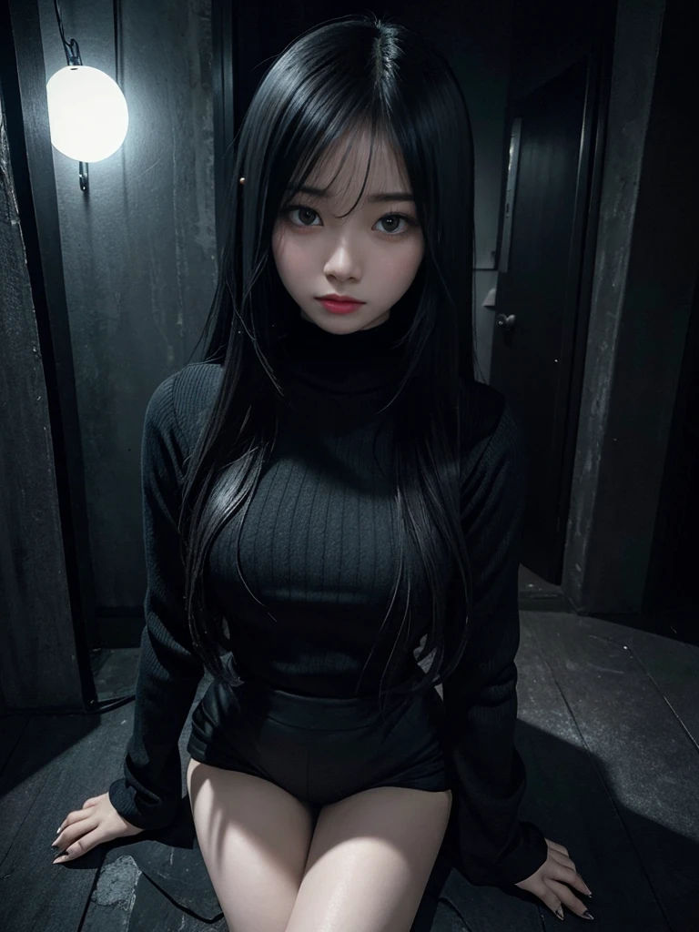 high angle american shoot, ultra-realistic textures, erotic-horror style, a sinister but attractive humanoid puppet, Slim and creepy Sadako Yamamura style from The ring, scary pale grayish face, very long and straight black hair, wearing a shabby outfit with a black miniskirt, black leggings and a thin black sweater very tight ghostly appearance, skin of the face with cracks, in a dark house in the dark foggy night