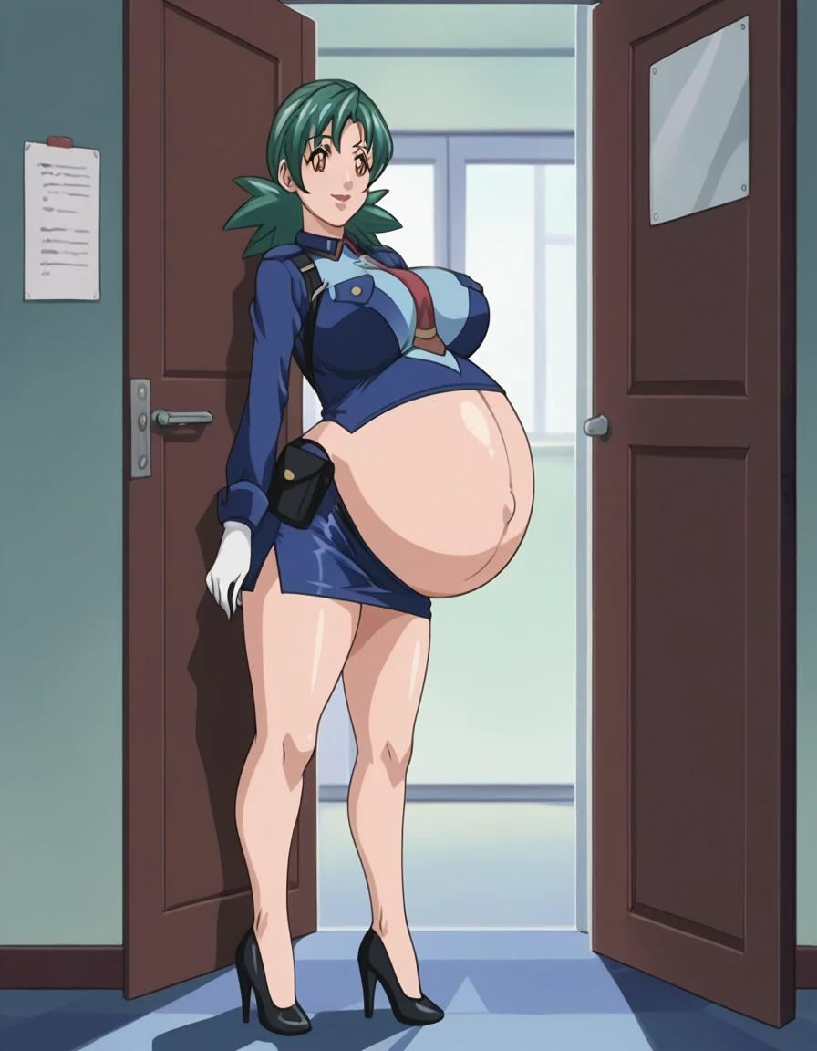 score_9, score_8_up, source_anime Bibl3, cute pregnant girl, busty shortstack, jenny (pokemon), green hair, huge breasts, police uniform, belt, pencil skirt, short skirt, white gloves, high heels, huge breasts, heavy breasts, breast expansion, full lips, vivid lips, wide hips, thick thighs, pregnant belly, huge belly, viewed from front, doorway of office, soft smile, innocent expression, belly focus, looking at viewer, raised eyebrows, detailed eyes, detailed face, pretty girl, morning