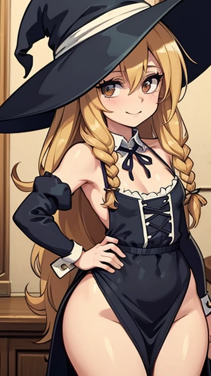 (piece of art, official art), 1 girl, One, thick, curved, curved, blond hair, Brown eyes, dirty hair, Wavy hair, side braid, witch, witch hat, (marisa kirisame:1.2), (Maid's dress), (close-up), portrait, (small breasts), standing, Foreground, interior, Sun Ray, I look at the viewer, (root), smile, seductive, attractive costume, open shoulders