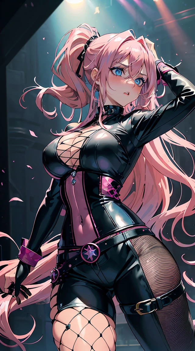 handsome WOMAN,blue-eyes,blue pupils,Long pink hair,Hyperresolution,accuracy,Detailed rendering,(Subtle facial image)(Image of fine hair)(topquality)(Masterpieces of masters)(High degree of completeness)(A sense of atmosphere)tmasterpiece,Super detailed and super detailed(half-body portrait), long wavy pink hair, (((tHICK WAVY HAIR)))(((ANKLE LENGTH HAIR)))(((Blushing)))(((Huge breasts)))(((LARGER BREASTS))) large breasts, bigger breasts (((Bigger breasts))) (((Blushing))) (((Sakimichan))) (((Pink hair))) (((black Rockstar outfit))) (((Leather black outfit))) (((Rockstar)))(((Fishnet tights)))(((cASUAL ROCK OUTFIT))) (((gRUNGE OUTFIT))) (((rOCK MAKEUP))) (((sINGING))) (((bLACK LEATHER OUTFIT))) (((bLACK EYELINER)))(((Fierce expression))) (((Focused))) (((Hair in a long ponytail))) (((Ponytail))) (((Sexy latex outfit)))(((Elf ears)))
