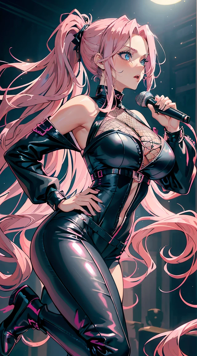 handsome WOMAN,blue-eyes,blue pupils,Long pink hair,Hyperresolution,accuracy,Detailed rendering,(Subtle facial image)(Image of fine hair)(topquality)(Masterpieces of masters)(High degree of completeness)(A sense of atmosphere)tmasterpiece,Super detailed and super detailed(half-body portrait), long wavy pink hair, (((tHICK WAVY HAIR)))(((ANKLE LENGTH HAIR)))(((Blushing)))(((Huge breasts)))(((LARGER BREASTS))) large breasts, bigger breasts (((Bigger breasts))) (((Blushing))) (((Sakimichan))) (((Pink hair))) (((black Rockstar outfit))) (((Leather black outfit))) (((Rockstar)))(((Fishnet tights)))(((cASUAL ROCK OUTFIT))) (((gRUNGE OUTFIT))) (((rOCK MAKEUP))) (((sINGING))) (((bLACK LEATHER OUTFIT))) (((bLACK EYELINER)))(((Fierce expression))) (((Focused))) (((Hair in a long ponytail))) (((Ponytail))) (((Sexy latex outfit)))(((Elf ears)))