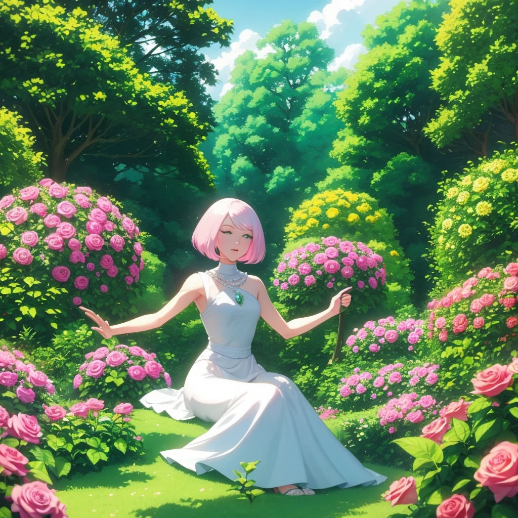 Generate an image of Pearl, Steven Universe character, sitting in a flowered garden. She is singing happily, surrounded by brightly colored roses and lush greenery. The atmosphere is sunny and serene, capturing the beauty and tranquility of the moment,