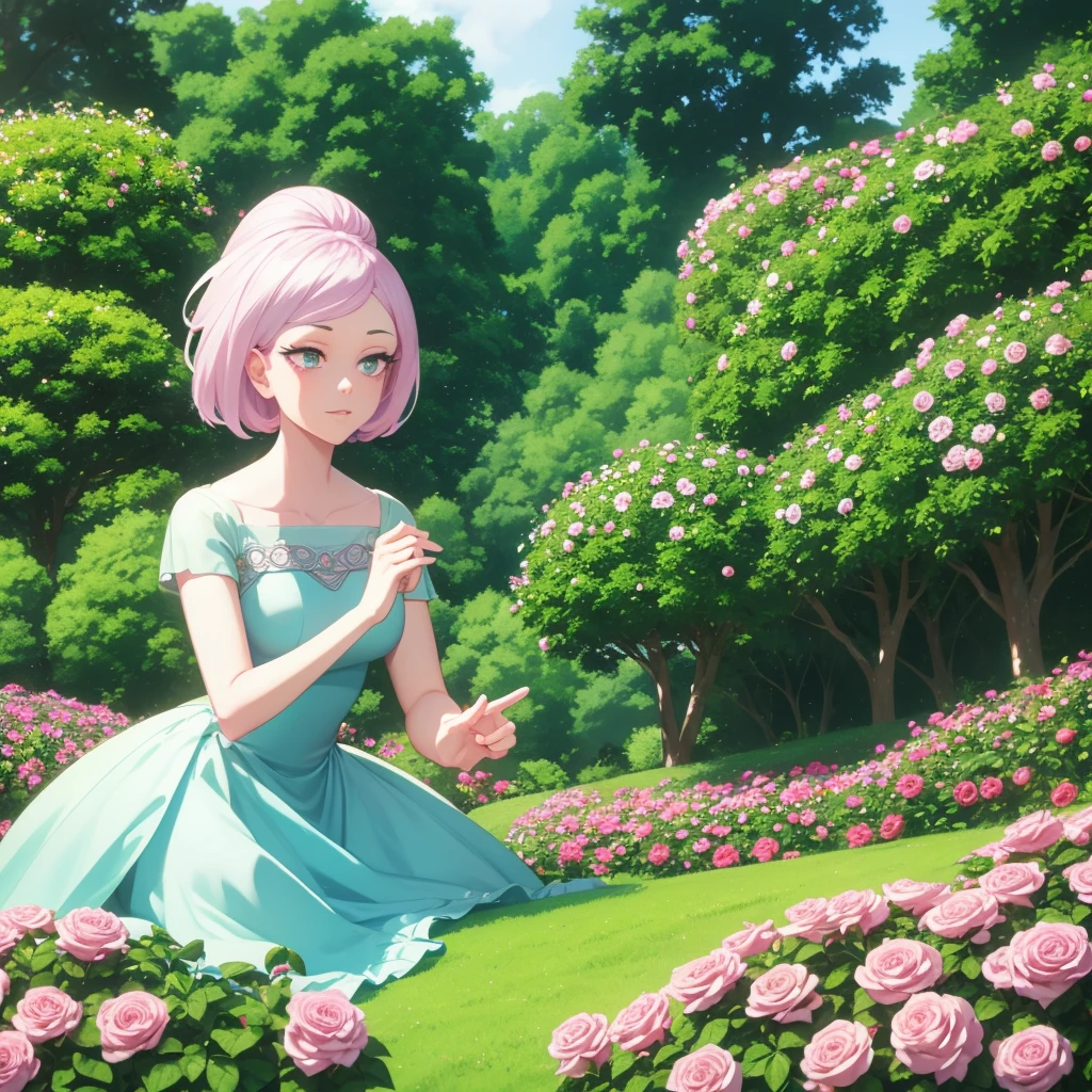 Generate an image of Pearl, Steven Universe character, sitting in a flowered garden. She is singing happily, surrounded by brightly colored roses and lush greenery. The atmosphere is sunny and serene, capturing the beauty and tranquility of the moment,