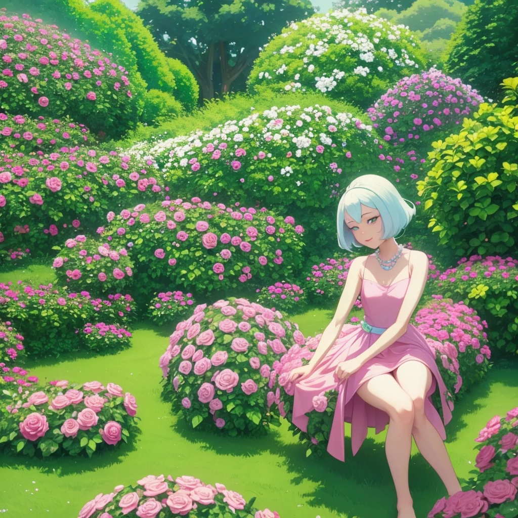 Generate an image of Pearl, Steven Universe character, sitting in a flowered garden. She is singing happily, surrounded by brightly colored roses and lush greenery. The atmosphere is sunny and serene, capturing the beauty and tranquility of the moment,