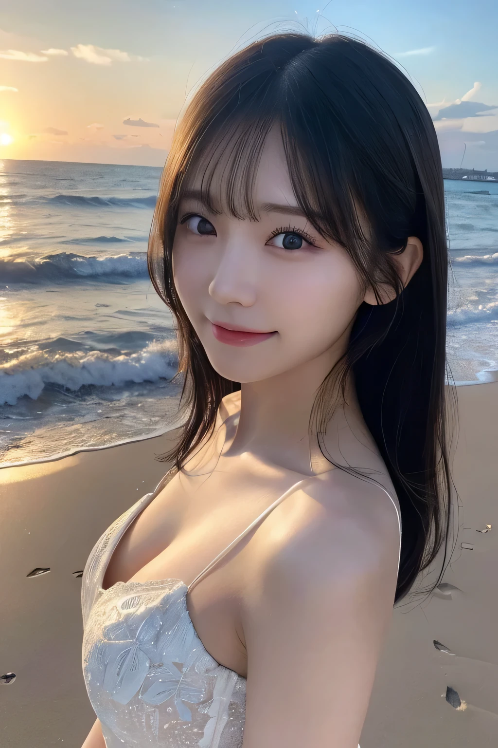 (Show off your beautiful nails)、Anatomically correct fingers、beautiful girl、Beautiful detailsまでこだわった目、Highest quality, 超High resolution, (reality: 1.2), Cinema Lighting、(Japanese Girls)、 beautiful、Beautiful skin、(Looking at the audience)、(surreal)、(High resolution)、(8K)、(Very detailed)、(Beautiful details)、(Very detailed)、 (wallpaper)、Detailed face、Bright lighting、Beautiful vermilion clouds and a bright red sunset sky. The background is the sea, Sandy beaches along the coast、Professional Lighting、smile、Highest quality、 masterpiece、超High resolution、(reality:1.3)、RAW Photos、1 Girl、Black Hair、Glowing Skin、((Ultra-reality Details))、Portraiture、Global Illumination、Shadow、Octane Rendering、Ultra Sharp、metals、Cool colors、、Very intricate detail、reality Light、smile