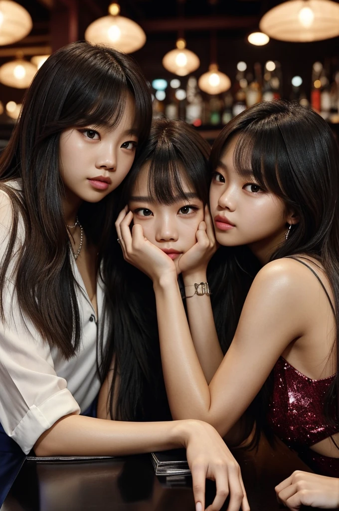 I want a cover for my book, let it be Lalisa Manobal and Jennie Kim from the group Blackpink, that they are in a bar at night, while they look at each other in love