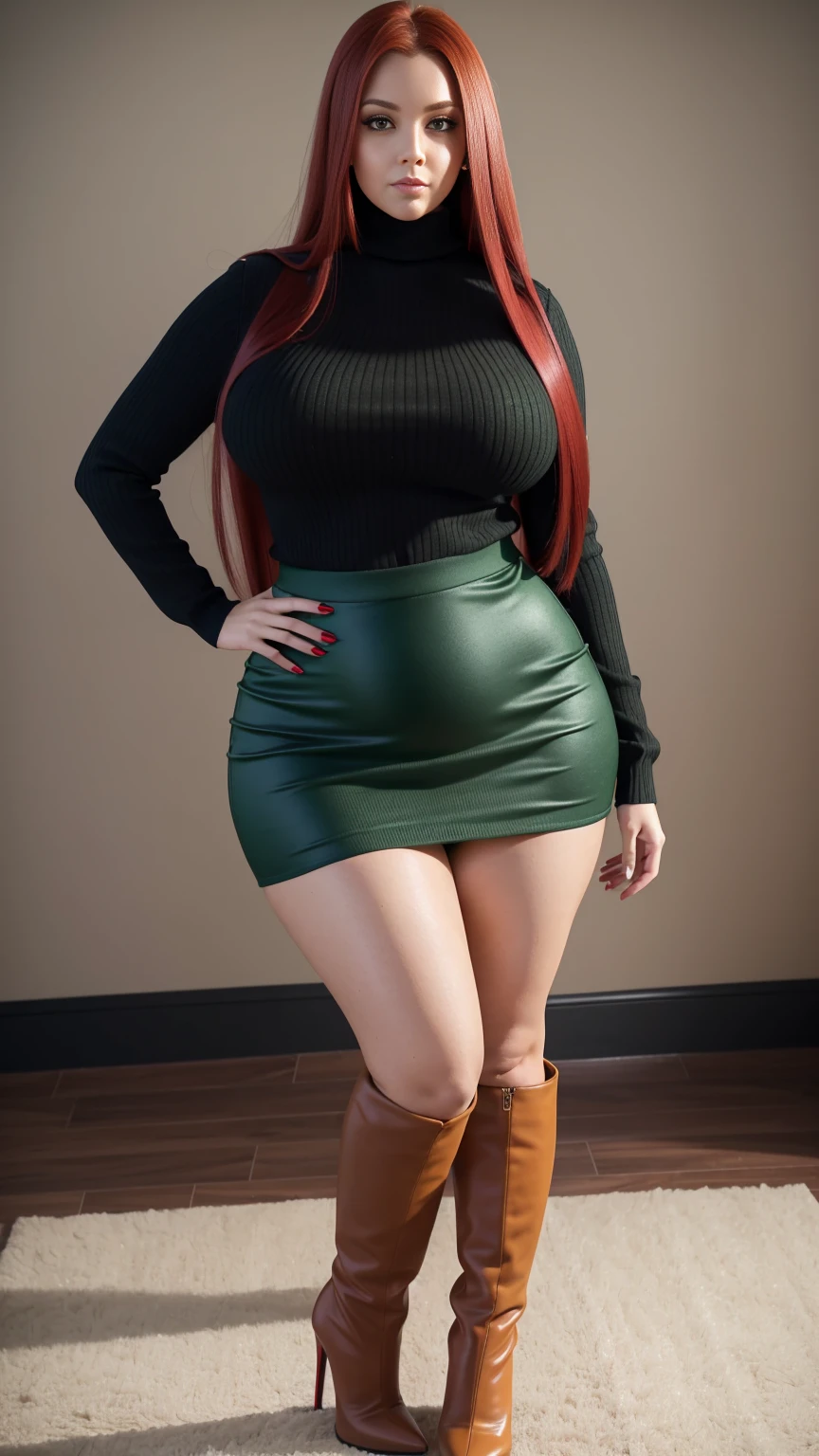 Full body shot of 1 beautiful woman, adult, big body, voluptuous woman, (Very long straight hair),( red hair), contoured eyelids, painted eyelids, green turtleneck sweater, (black mini skirt), Curvy hourglass figure, chest proportion, narrow skirt , high, knee-high boots, high heels