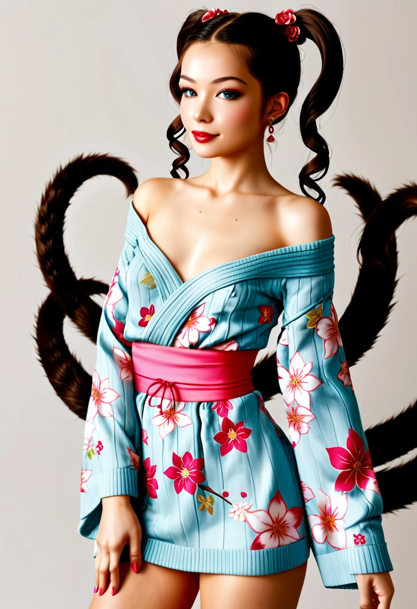 (masterpiece, best quality:1.2), 1. Double tail,Beautiful sexy woman(Wear an off-the-shoulder kimono),,(Smooth skin),E7E48U，Small Breasts，