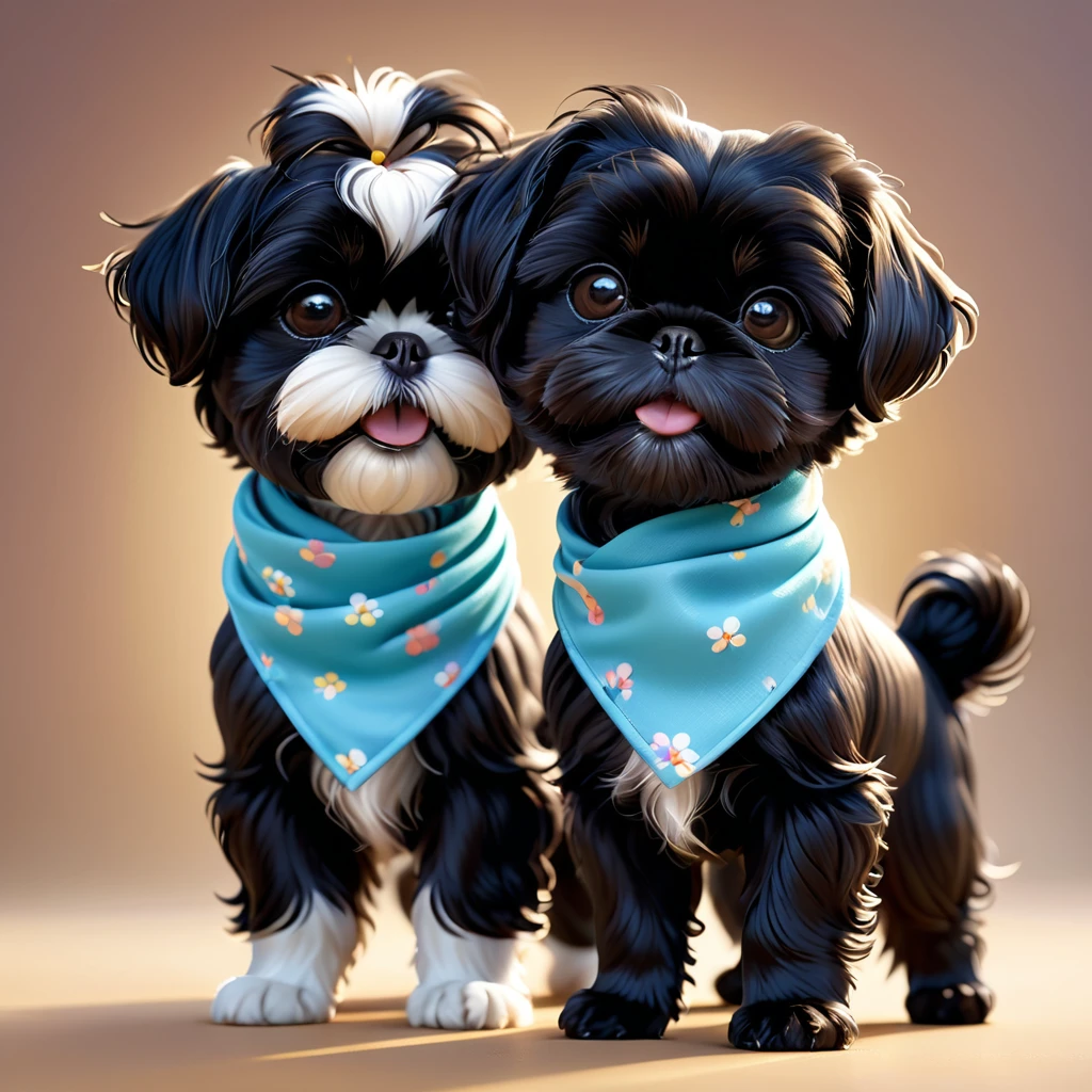 2 cute black shih tzu puppies,adorable dogs,shiny bright bandannas,stylish sunglasses,dancing adorably,dog park scene,disney style cartoon,3d render,disney pixar style,highly detailed,award winning 3d animation,vivid colors,soft lighting,cute and playful expression,realistic fur textures,photorealistic,masterpiece,best quality,8k