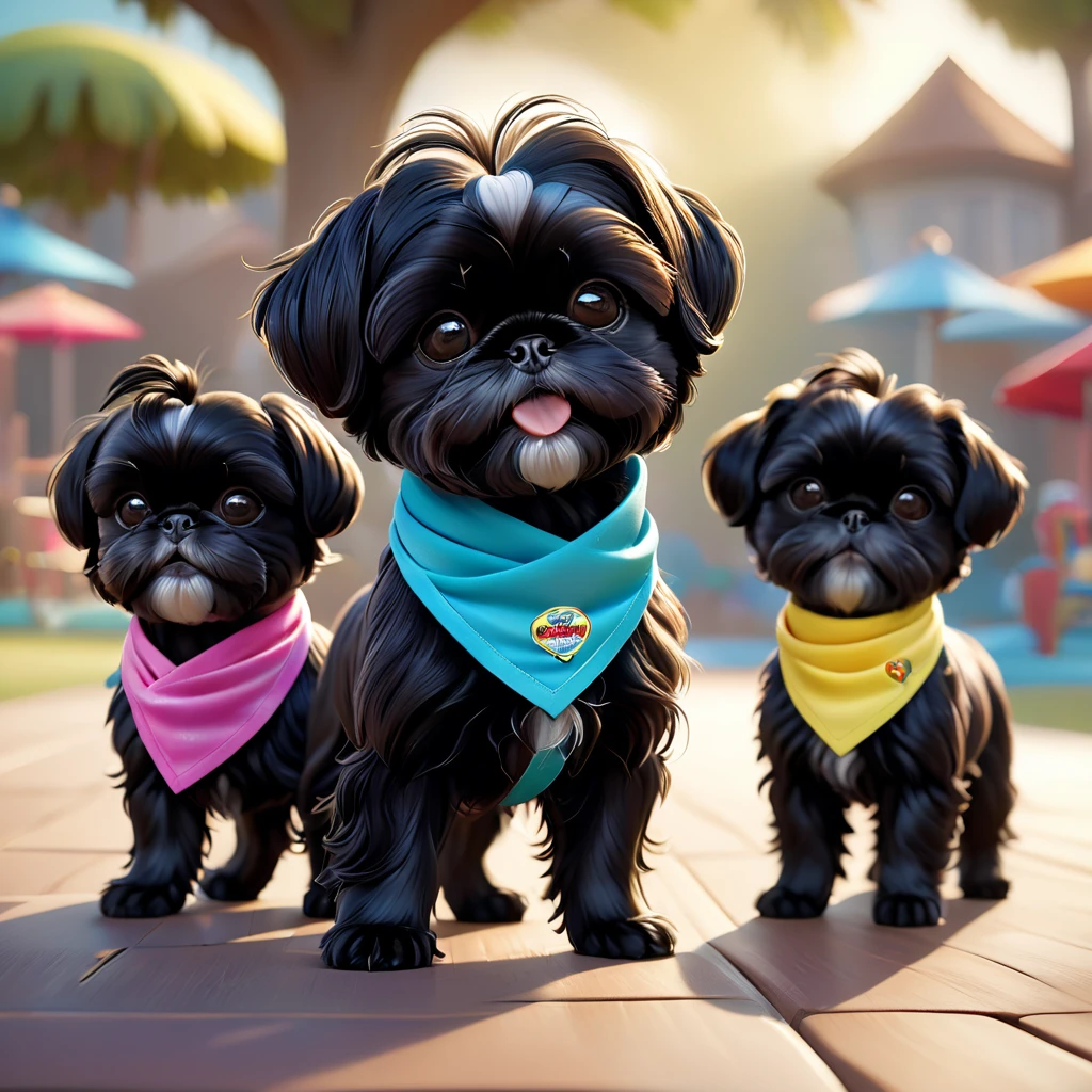 2 cute black shih tzu puppies,adorable dogs,shiny bright bandannas,stylish sunglasses,dancing adorably,dog park scene,disney style cartoon,3d render,disney pixar style,highly detailed,award winning 3d animation,vivid colors,soft lighting,cute and playful expression,realistic fur textures,photorealistic,masterpiece,best quality,8k
