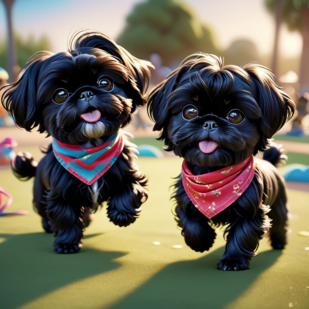 2 cute black shih tzu puppies,adorable dogs,shiny bright bandannas,stylish sunglasses,dancing adorably,dog park scene,disney style cartoon,3d render,disney pixar style,highly detailed,award winning 3d animation,vivid colors,soft lighting,cute and playful expression,realistic fur textures,photorealistic,masterpiece,best quality,8k