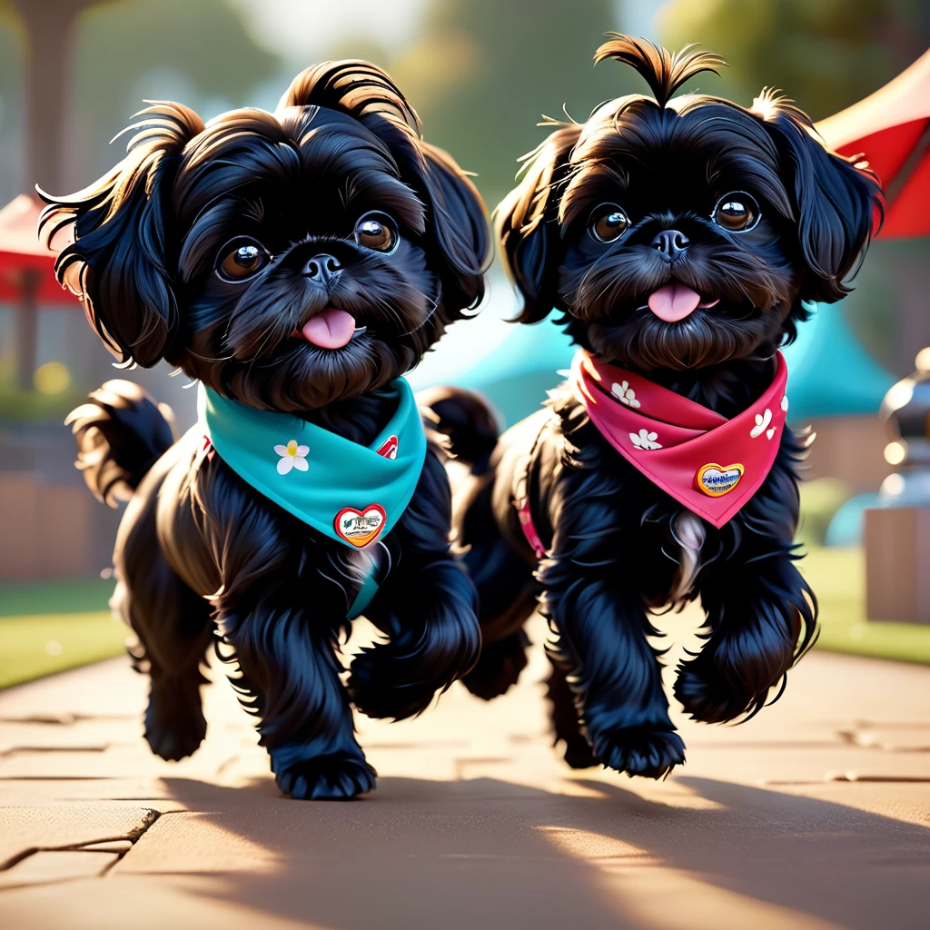 2 adorable small black shih tzu puppies, wearing bright bandanas and sunglasses, painting and making a mess, disney background, 3d cartoon, 3d render, disney pixar style, intricate details, soft lighting, vibrant colors, whimsical, photorealistic, 8k, best quality