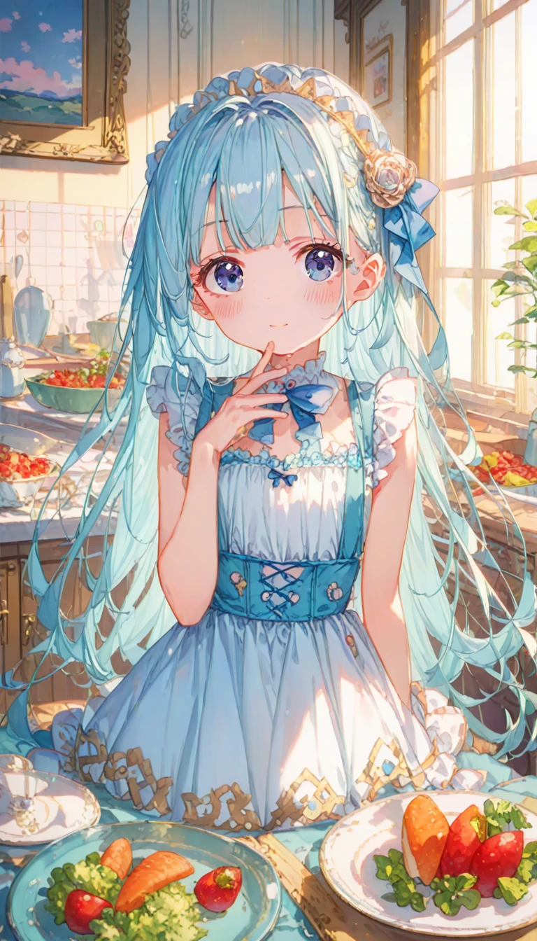 masterpiece, best quality, extremely detailed, (illustration, official art:1.1), 1 girl ,(((( light blue long hair)))), ,(((( light blue long hair)))),light blue hair, , long hair ((blush)) , cute face, big eyes, masterpiece, best quality,(((((a very delicate and beautiful girl))))),Amazing,beautiful detailed eyes,blunt bangs((((little delicate girl)))),tareme(true beautiful:1.2), sense of depth,dynamic angle,,,, affectionate smile, (true beautiful:1.2),,(tiny 1girl model:1.2),)(flat chest),Maid Outfit, beautiful maid in white latex outfit cutting cucumber in kitchen with knive, pretty face , pretty features, pretty pose, delicate, innocent, pretty kitchen, roses, light, detailed, acrylic, watercolor, 、Girl preparing salad in kitchen, vegetables