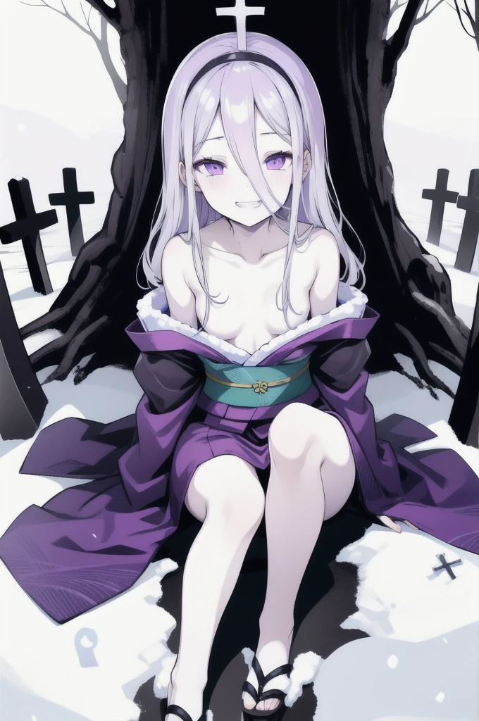 Highest quality, masterpiece,White Hair, Purple Eyes, Purple kimono, Exposing shoulders, ,Fair skin, Long Hair, Long Bangs, Small breasts, Confused eyes, snow, sexy, Cemetery, Cross Grave, jitome, evil grin, Leg lift, stretching, half closed eyes, Off Shoulder, ass pov, pale skin
