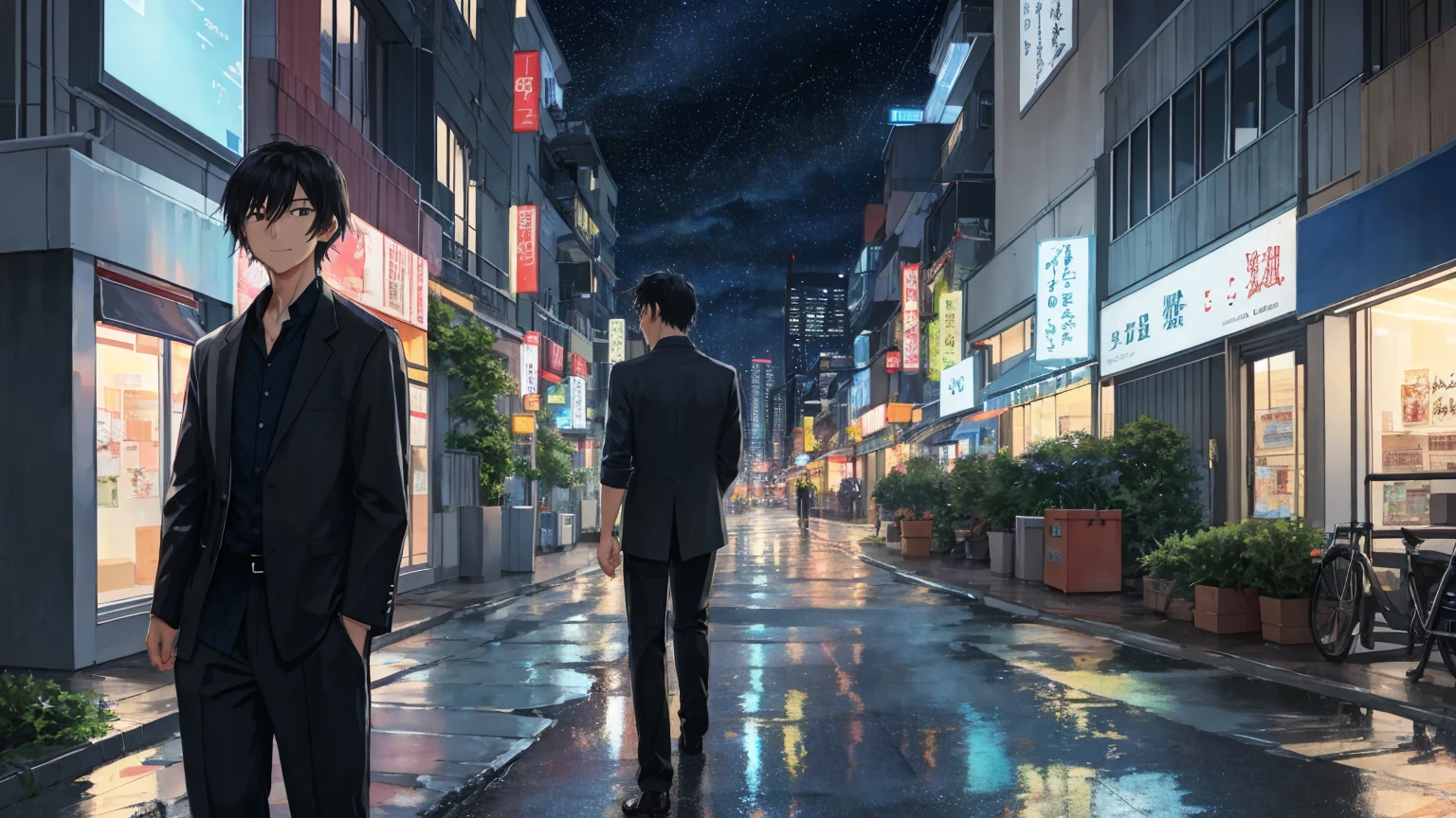 City Night、A cool breeze blows through the gaps between the buildings on a July night.。After the rain、The sky is clear.、The stars shine through the clouds。A woman with long black hair fluttering in the wind、A handsome man with short black hair was next to me.、She is smiling a little and looking at me with a gloomy expression.、Summer night cityscape。The man and woman seem tired from walking.、I&#39;m trying to walk again、A shot that captured the moment。Both of them are wearing casual, urban summer clothes.、Relaxed atmosphere。